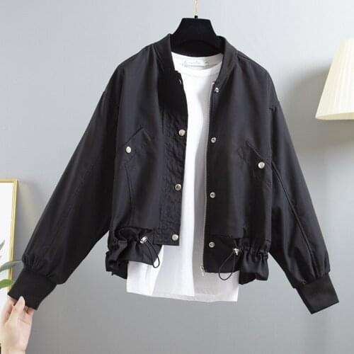 Women Coat New Korean Loose Large Size Student Drawstring Baseball Jacket Zipper Jackets Female Outerwear HK464