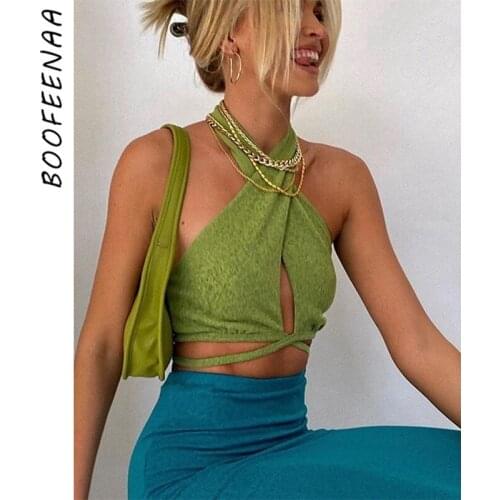 BOOFEENAA Green Knitted Cross Halter Backless Crop Top Women Clothes Cute Sexy Club Wear Bralette Tank Tops C83-BZ10