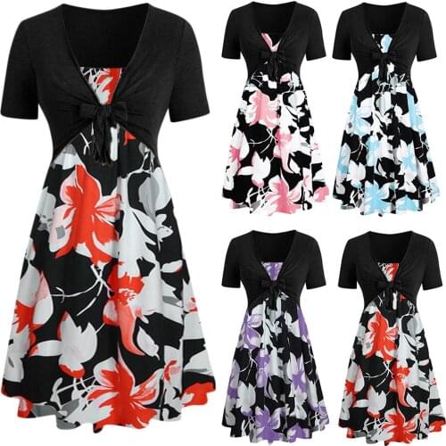 Womens Swimsuit Sexy Swimwear Summer Bathing Suit Short Sleeve Bow Knot Bandage Top Sunflower Print Mini Dress Two-piece Suit