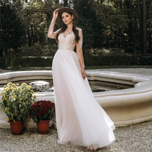 Boho Wedding Dresses Long Sleeve Lace Appliques Beaded Beach Bridal Gowns Plus Size O-Neck Backless Bohemian Vestido De Noiva