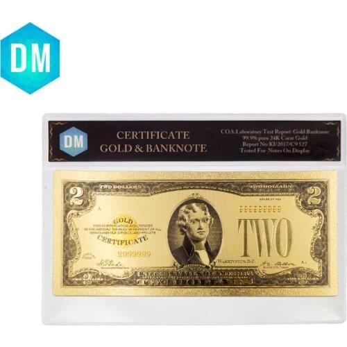 1928 Year America Color Gold Banknote USD 2 Dollar Banknote 24K Plated Fake Money with Protect Case Replica for Collection