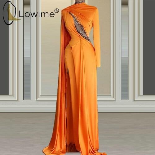 2021 Orange High Neck Evening Dresses Muslim Long Sleeve Evening Gowns Arabic Style Longue Robes