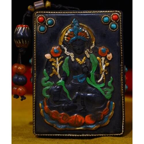 3"Tibet Temple Collection Old Natural horns Filigree mosaic Gem Dzi Bead Green Tara Statue Amulet Pendant Town House Exorcism