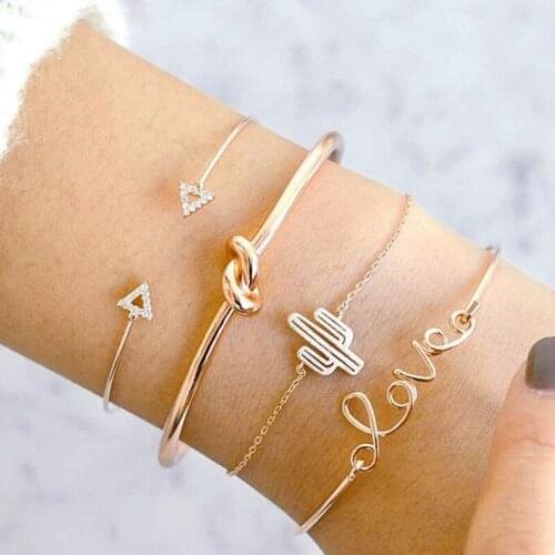 4 Pcs/Set Gold Link Chain Crystal Leaf Cactus Charm Bracelet for Women Knot Diamond Cuff Bracelet Bangle Set Girls Braclets