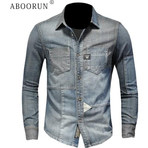 ABOORUN 2021 Mens Retro Patchwork Denim Shirts Hi Quality Long Sleeve Cotton Shirts for Male