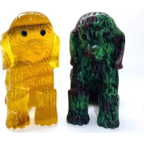 Free Shipping Natural Crystal High Quality Hand Carving Crystal Ruby in zoisite Fluorite dog for geomantic omen and gifts YJL