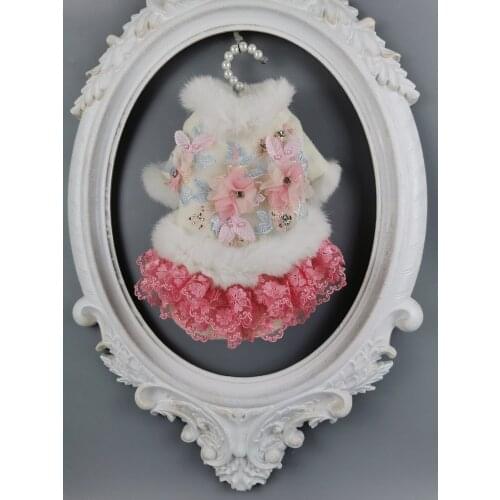 Free Shipping Handmade Dog Clothes Wool Pet Coat Dog Dress Artificial Rabbit Fur Collar Crystal Flowers Cat Clothes Yorkie