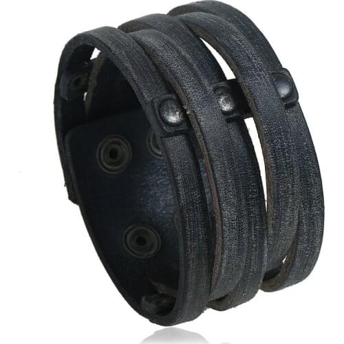 Black Genuine Leather Wristband Bracelet Distressed Multilayer Crafts Cuff Bangle Punk Men Bracelet Vintage Jewelr
