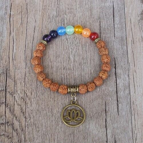 Rudraksha Wood Beads Mala Chakra Bracelet Tibetan Buddhism Seven Chakra Charm Strand Bracelet for Women Men