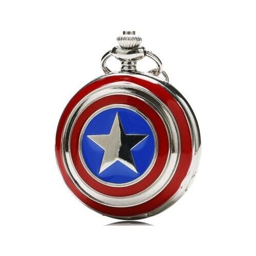 Fast Shipping Silver Alloy Shell CAPTAIN AMERICA Quartz Pocket Watch Men Women Necklace Chain Pocket Watch Gift Regarder 20pcs