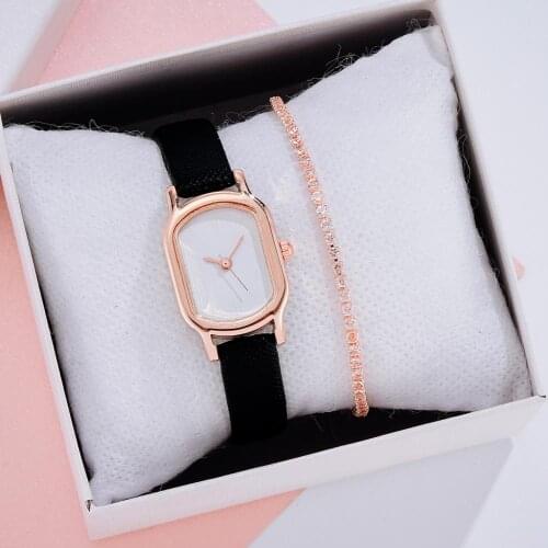 Fashion Women Leather Sports Watch Luxury 2 PCS /Set With Bracelet Rose Rhinestone Dress Quartz Clock Ladies Wrist Watch Gift