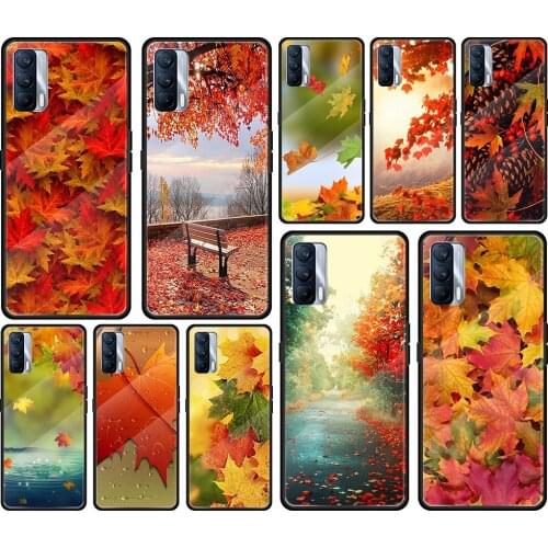Autumn Maple Leaves Tempered Glass Cover For Realme 7 7i XT C3 6 5 Pro for OPPO A9 2020 A52 Find X2 Lite Phone Case