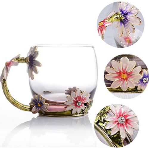 Enamel Color Flower Crystal Glass Cups Heat Resistant Milk Tea Juice Coffee Cups Home Office Retro Mugs Mothers gift