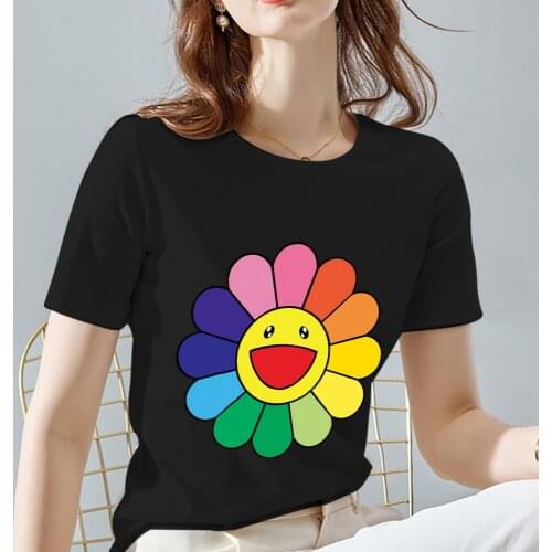 Women Tshirt New Daisies Pattern Print Series Female Tops Soft O-neck Black Basis All-match Lady Short Sleeve Tee Women Clothes