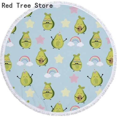 Cute Cartoon Avocado Rainbow 150cm Large Round Microfiber Beach Towel For Adults with Tassel Blanket Cover Summer Swim Sunblock