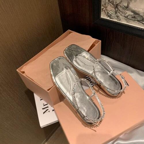 Kmeioo summer 2022 new brand t-strap flat sandals women jewel shoe for dress ankle strap flats fashion crystal shoes