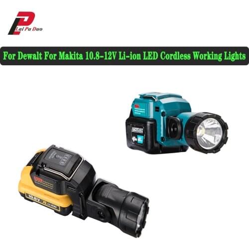 DCB120 10.8V 12V Li-ion Battery For Makita For Dewalt LED Cordless Work Light Portable Spotlight Work Lamp Flashlight