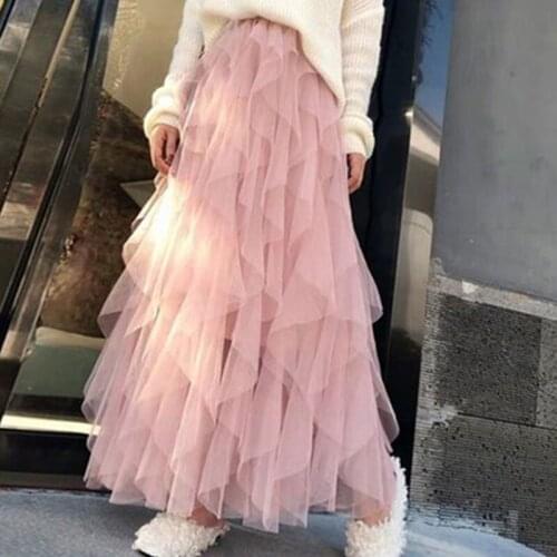 Spring 2021 New Sweet Skirts Cake Layered Long Mesh Skirts Princess High Waist Ruffled Vintage Tiered Tulle Pleated Skirts