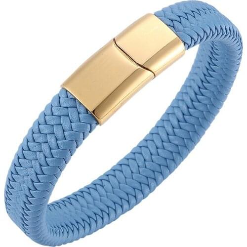 Punk Men Jewelry Blue Braided Leather Bracelet Stainless Steel Magnetic Clasp Fashion Bangles S0223