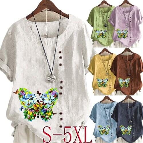 New Women Summer Casual Butterfly Print Loose T-shirts Vintage Round Neck Plus Size Short Sleeve Blouse Tops S-5XL