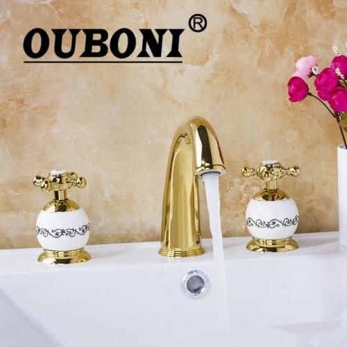 OUBONI Luxury Golden Plated Bathroom Faucet 3PCS Set Bathtub European Split Basin Mixer Tap ceramic Faucet Body Cross Handles