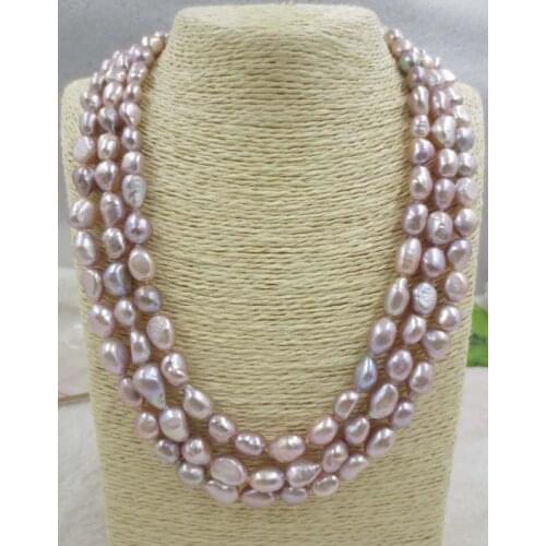 3 row purple baroque 9-10mm genuine freshwater pearl necklace 50/54/58 cm