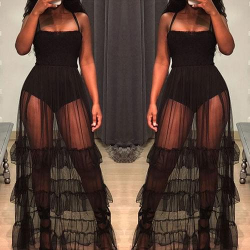 Plus Size Womens Boho Ruffles Maxi Dress Summer Bikini Cover-Ups Beach Evening Party Sleeveless Tulle Long Sundress Beachwear