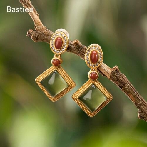 Bastiee Earrings For Women Silver 925 Jewelry Vintage Red Agate Korean Earrings Golden Plated Sterling Silver