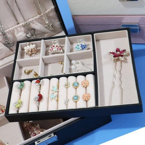 Double-layer leather jewelry box earrings nail bracelet ring jewelry box new simple with locks to store large box