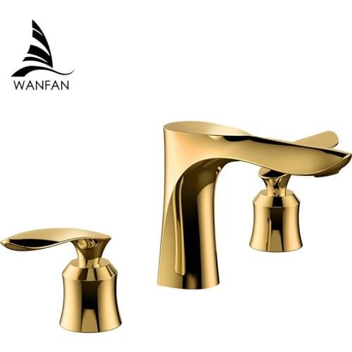 Gold Deck Mounted Bathtub Faucet Set 3 Holes Widespread Tub Mixer Bathroom Goose Neck Bath Shower Set with Hand shower 0152