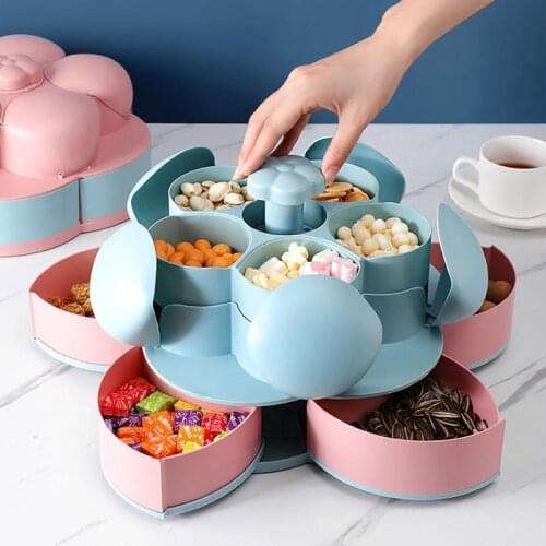Petal-Shape Rotating Candy Box Snack Nut Box Flower Candy Fruit Plate Food Storage Case Two-deck Dried Fruit Storage Organizer