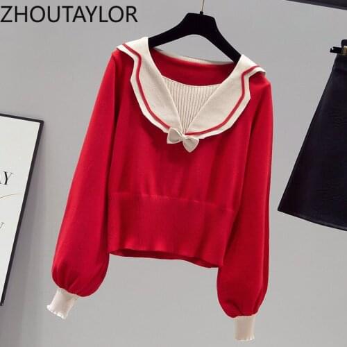 ZHOUTAYLOR Woman Sweaters Fashion Sailor Collar Full Lantern Sleeve Coats Female Office Lady Loose-fitting Autumn Femme Tops