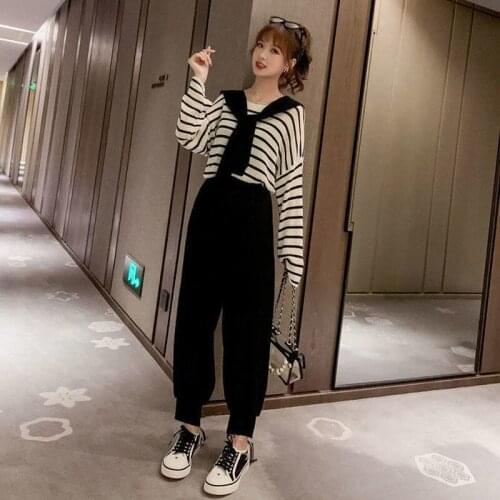 Womens Two-piece Autumn New Suit 2020 Loose Korean Style Autumn Fashion Western Style Striped Long-sleeved Shawl Two-piece Suit