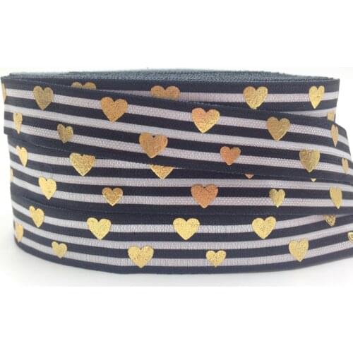 5Yards 16mm Stripe and Gold Heart fold over elastic Handmade Accessories DIY elastic band foe