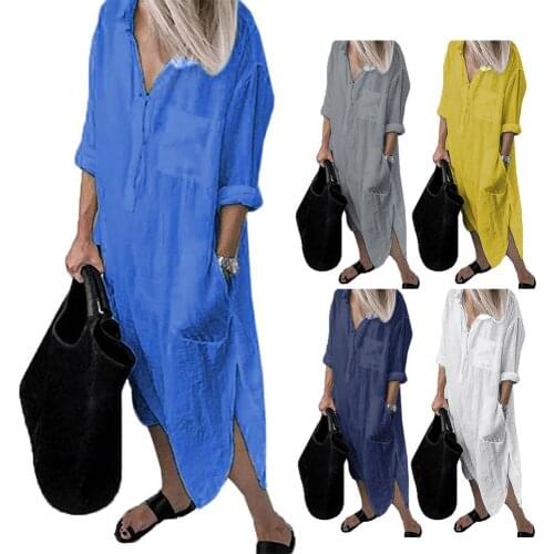 50% Hot Sales Women Fashion Solid Color Long Sleeve Pockets Side Slitting Hem Maxi Shirt Dress