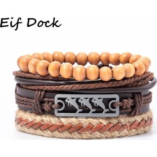 Eif Dock 4pcs/set Shark Badge Lettter Hope Charm Brown Rope Leather Bracelets for Male Cuff Adjustable Women Bracelet Men
