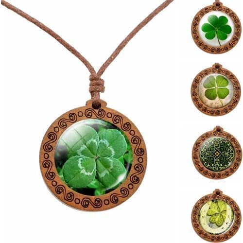 Four-leaf clover wooden handmade necklace clover lucky retro fashion wooden pendant four-leaf clover handmade necklace