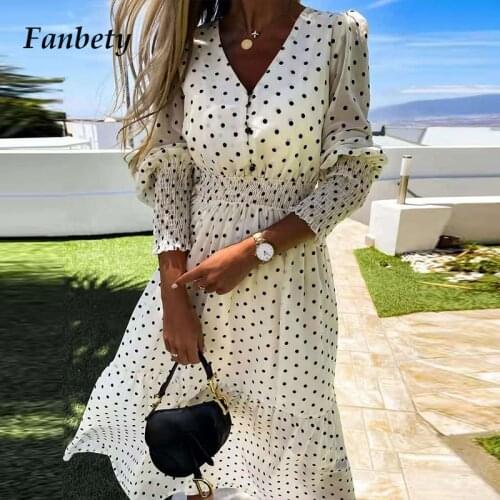 Elegant Long Sleeve V-Neck Chiffon Dress Women Sexy Slim Elastic Waist Party Dress Lady Fashion Dot Print 2021 Summer Long Dress