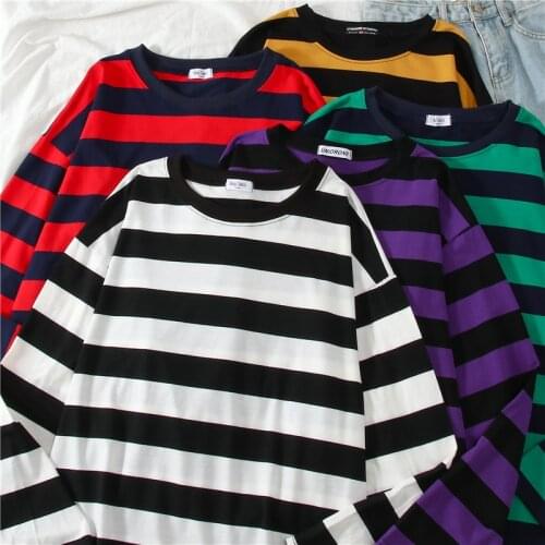 Women Tshirts Oversize Stripe T Shirt Harajuku Long Sleeve Female T-shirts O-neck Casual Ladies Tshirt Korean Feminina Tops
