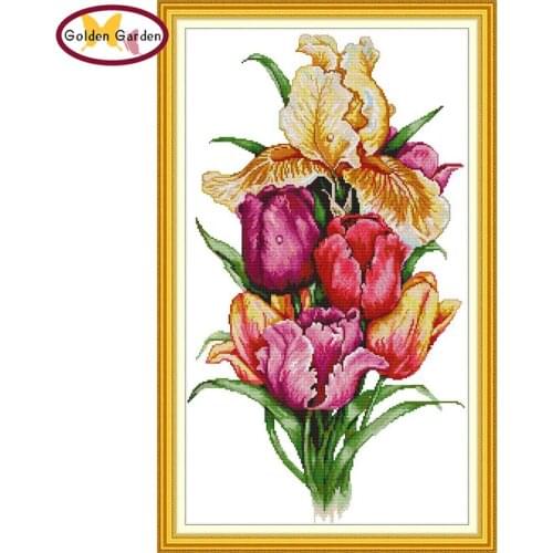 GG Tulip Flowers Painting Counted Cross Stitch Embroidery Needles Package Joy Sunday Printed Cross Stitch Pattern for Home Decor