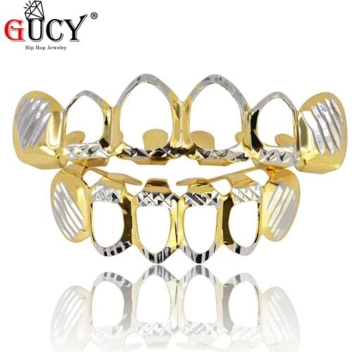 GUCY New Hip Hop GRILLZ Gold Silver Plated Hollow Open Dlampnd D-Cut 6 Teeth Top & Bottom Teeth Grills Caps Set Party Jewelry