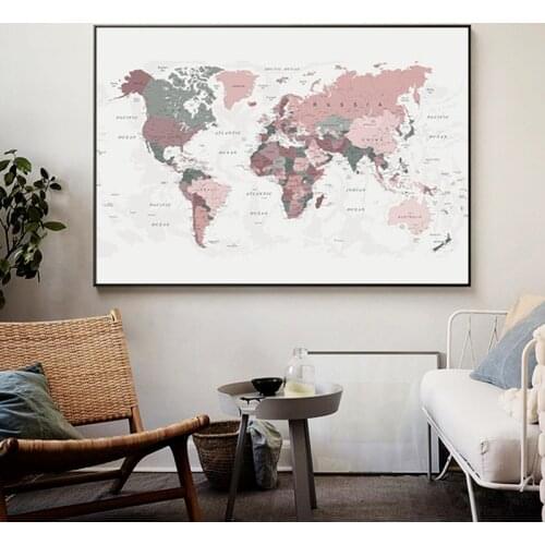 World Map Poster Print Pink Colors Wall Art Canvas Painting Big Size Wall Picture for Living Room Home Decor Cuadros No Frame