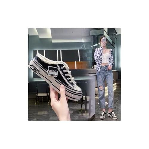 Lace-up Casual Shoes Fashion Womens Shoes Canvas Shoes Baotou Half Slippers Platform Shoes Womens Sneakers Summer Solid Color