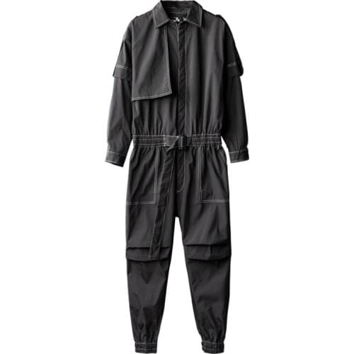 Spring and Autumn Overalls Men Jumpsuit Lapel Long Sleeve Beam Feet Streetwear Clothing Cargo Pants Hip Hop Black Green Trousers