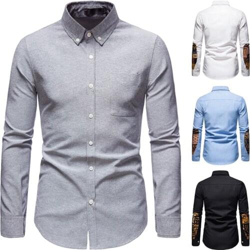2021 New Mens Dress Shirts Casual Sleeve Patch Slim Fit Office Wedding Work Shirt Formal Chemise Homme