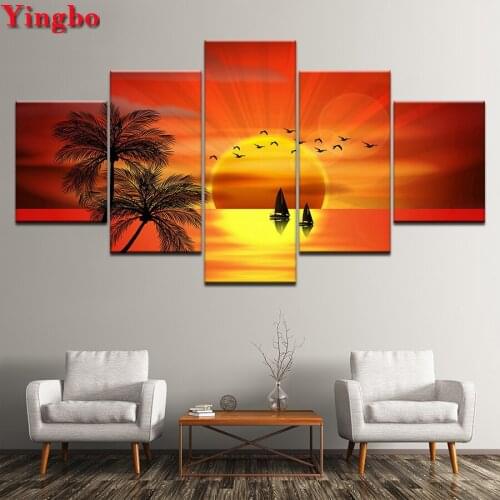 5 Piece,full drill square diamond painting Sunset Sailboat landscape Painting Calligraphy 5d mosaic Popular diamond embroidery