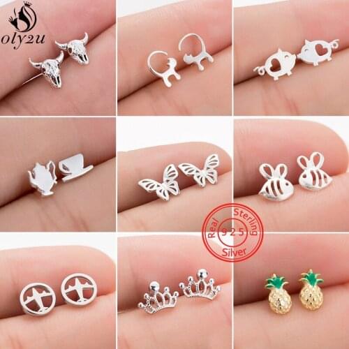 Multiple 925 Sterling Silver Earings Women Small Butterfly Bee Crown Airplane Stud Earrings for Girls Jewelry Party Earing S925