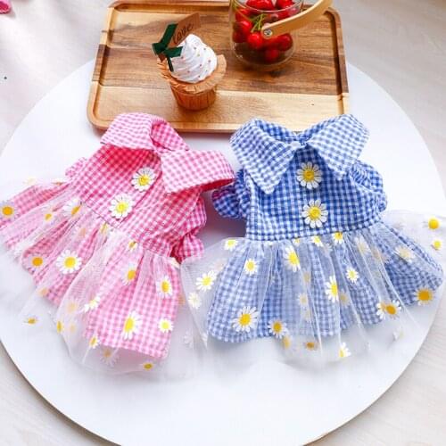 PETCIRCLE Dog Clothes Blue/pink Plaid Daisy Yarn Dress For Small Dog Puppy Pet Cat All Season Pet Cute Costume Pet Clothes Skirt