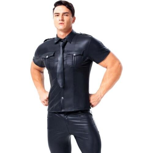 Sexy Men Blouse Shirts Soft Faux Leather Man Fashion Uniform T-Shirts DS Night Clubwear Punk Uniform Corset Gay Wear Plus Size 4