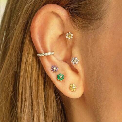 Cute Girl Piercing Screw Ear Bone Flower Star Small Stud Earrings Women Micro Pave White Zircon Stud Earring For Women Jewelry